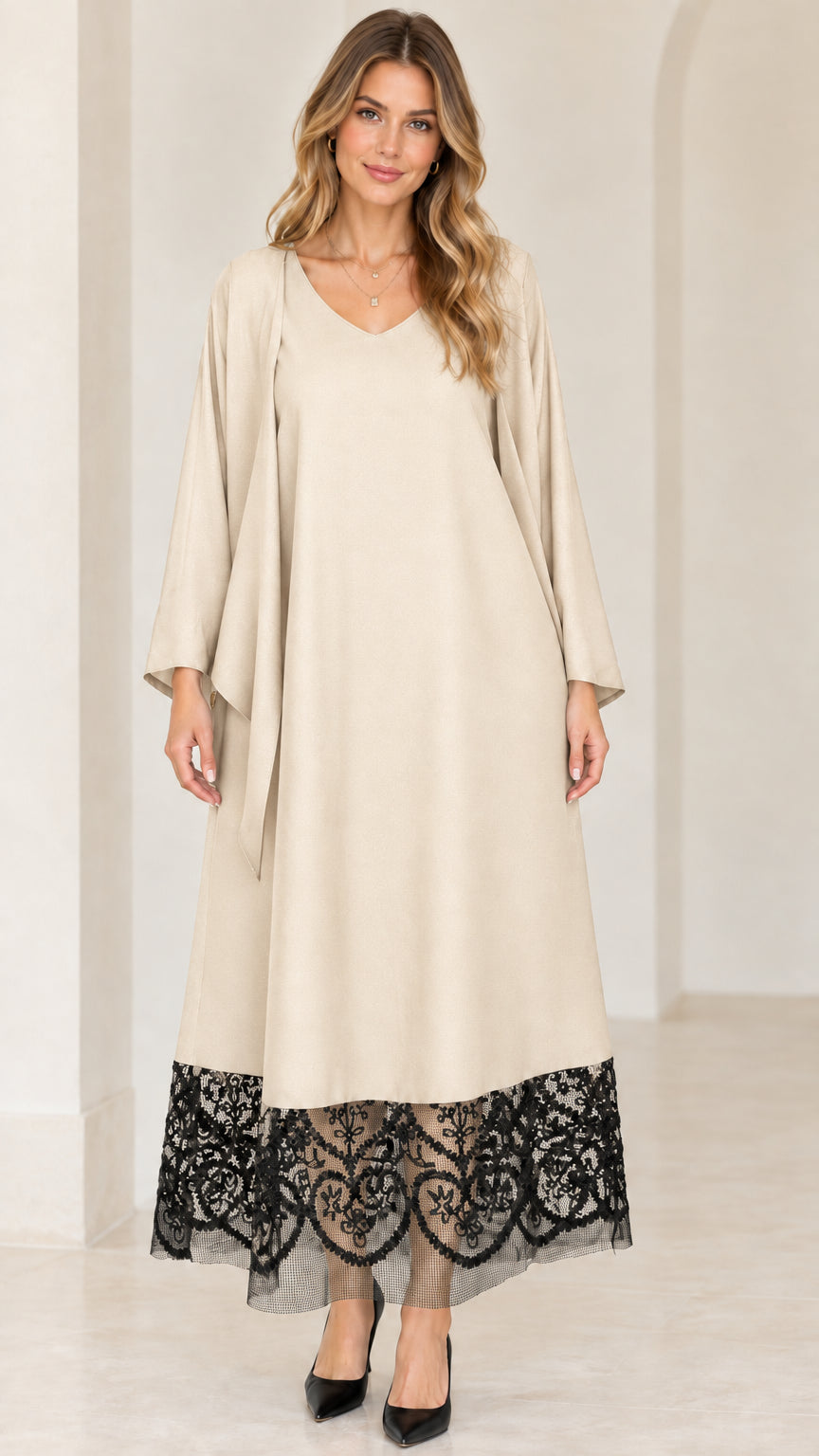 Beige cream maxi dress set with contrasting black lace hem