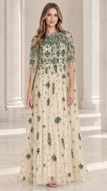 Champagne beige sequin cape evening gown full length view