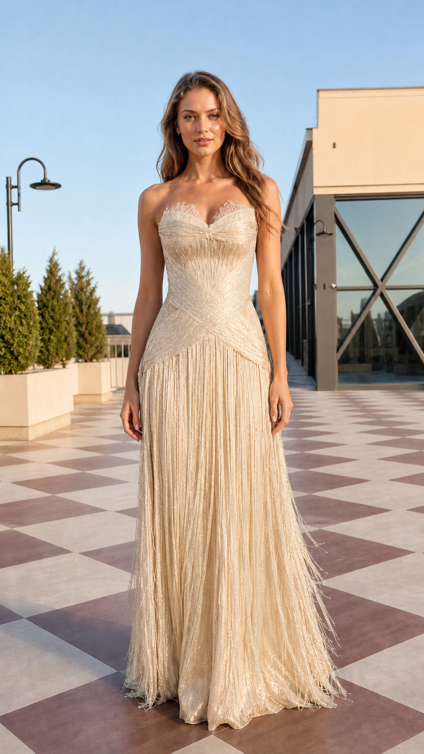 Front view of model wearing champagne gold strapless sweetheart fringe evening gown