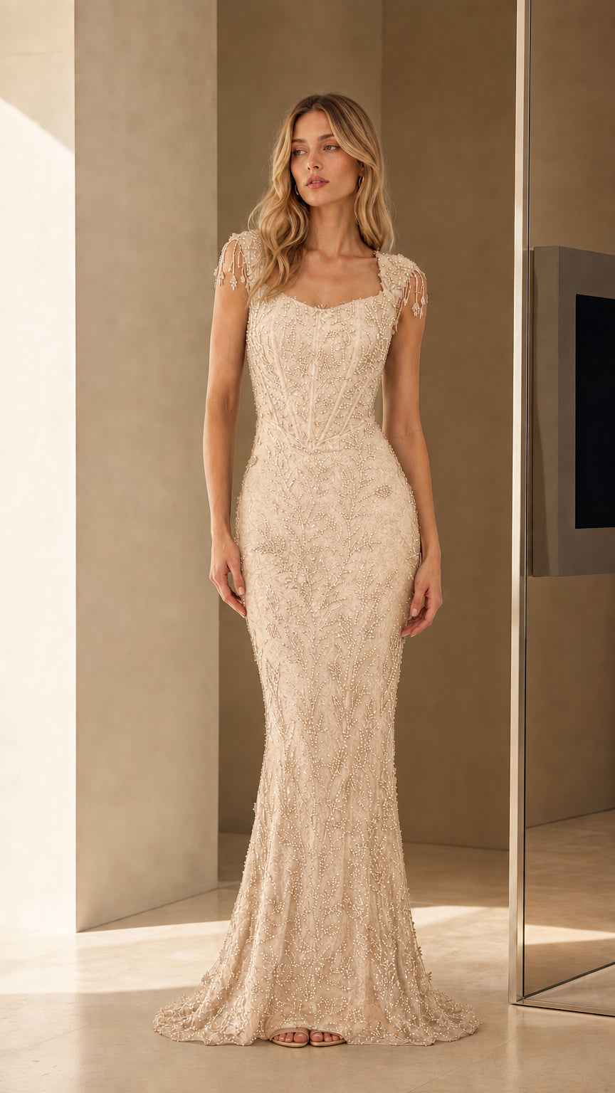 Model wearing Champagne beaded evening gown