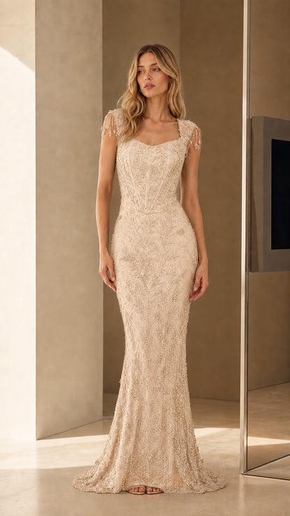 Model wearing Champagne beaded evening gown