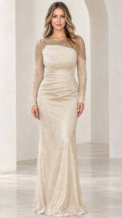 Champagne gold shimmer long sleeve formal gown front view