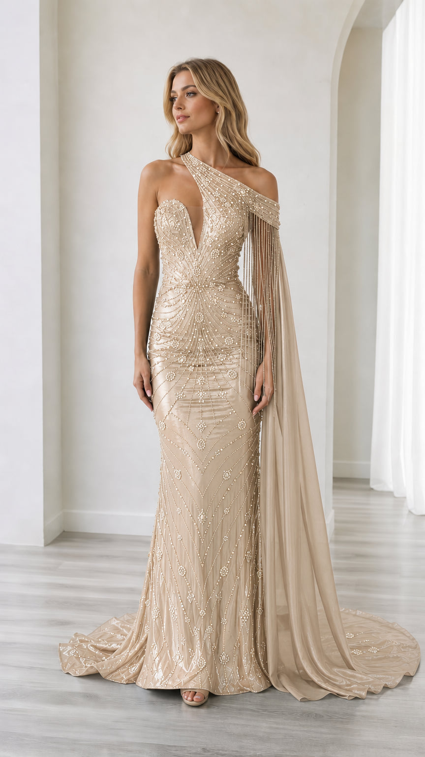 Front full-length view of the champagne gold sequin one-shoulder evening dress with cape