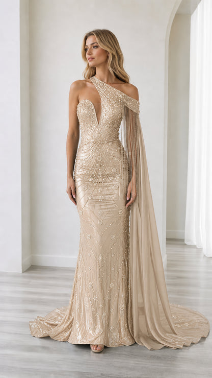 Front full-length view of the champagne gold sequin one-shoulder evening dress with cape