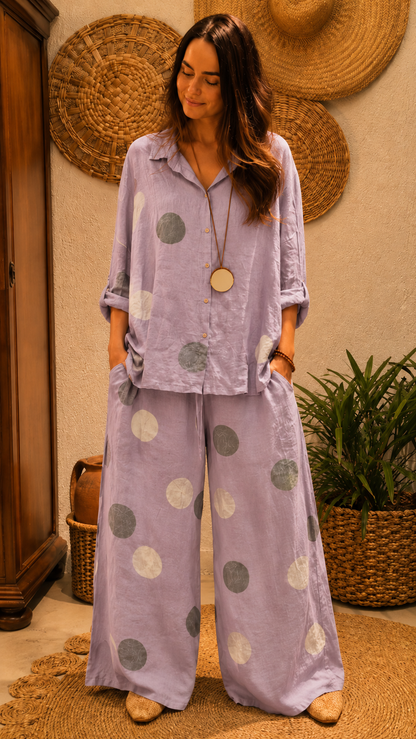 Lavender polka dot shirt and wide leg pants set with loose drape and casual elegant styling