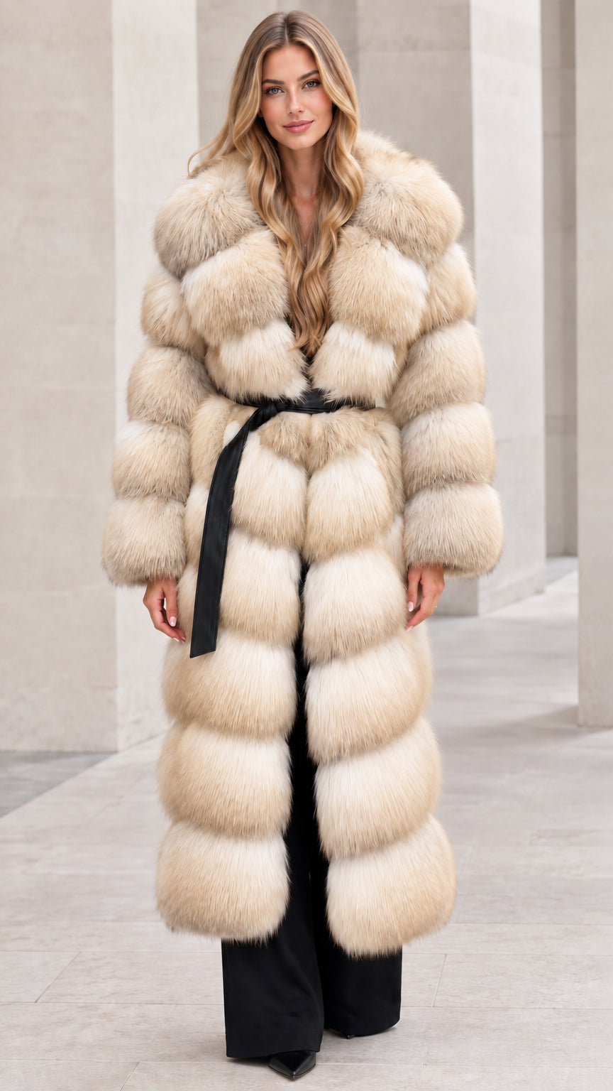 Front full-length view of woman wearing cream beige long tiered faux fur coat with belt