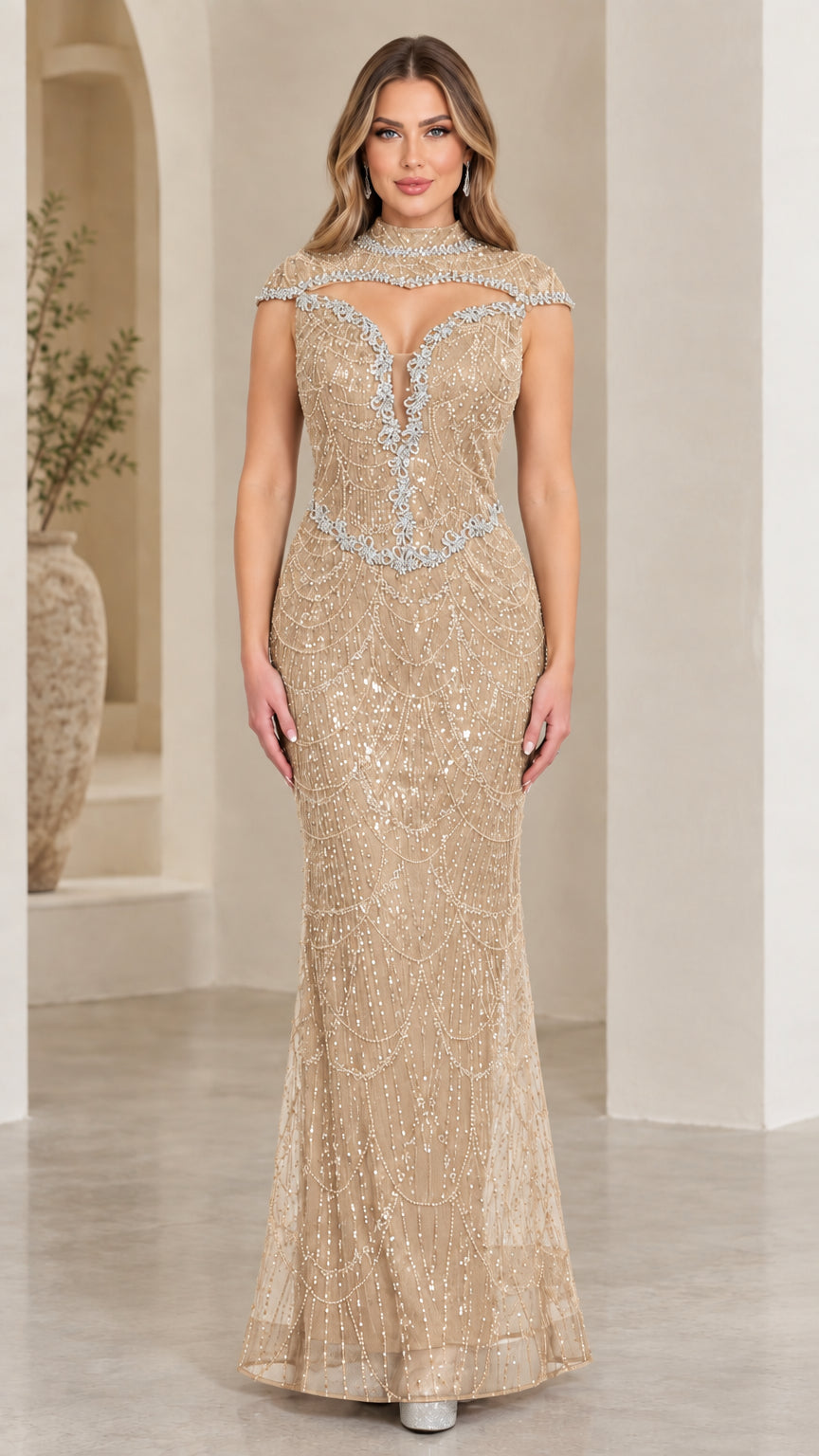 Champagne gold sequined and beaded mermaid evening dress on model