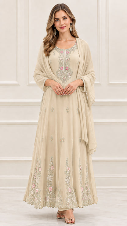 Front view of champagne beige embroidered maxi dress with scarf
