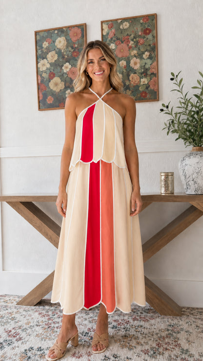 Front view of Coral Multi striped halter scalloped tiered midi dress