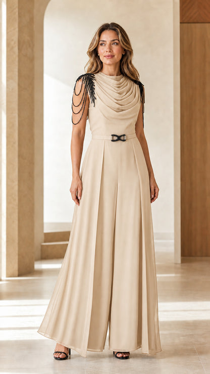 Champagne beige wide-leg evening jumpsuit with beaded shoulder detail