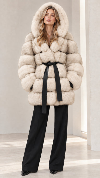Full front view of Cream beige hooded plush faux fur coat with black belt