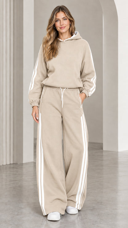 Beige two-piece hoodie and wide leg sweatpants tracksuit set with white side stripes