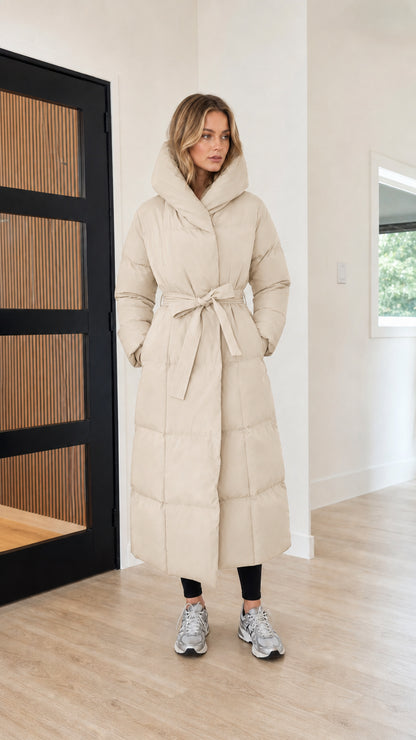 Women's hooded maxi belted winter puffer coat in cream beige