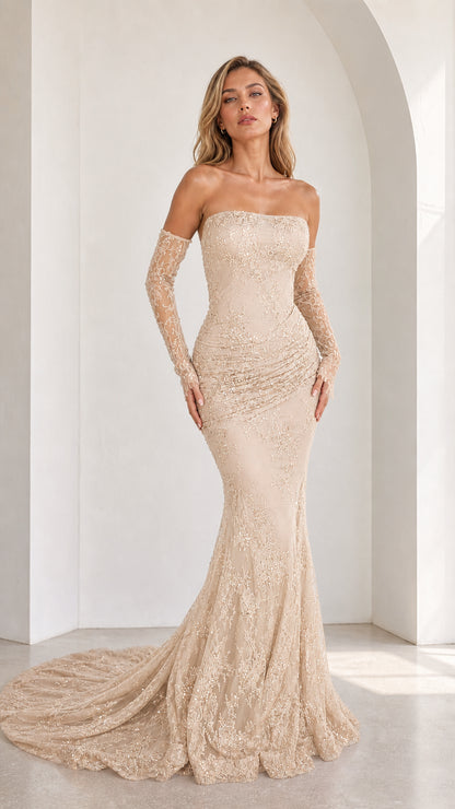 Champagne beige strapless beaded lace mermaid gown