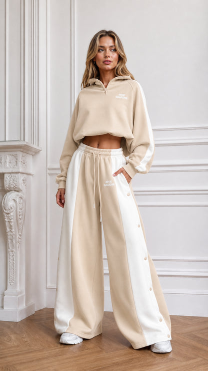 Beige sand cropped hoodie and wide-leg side-snap track pants two-piece set