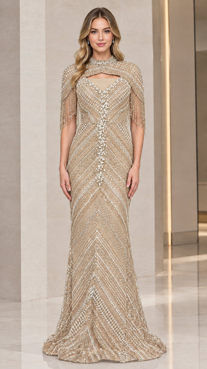 Champagne gold embellished capelet mermaid formal evening dress