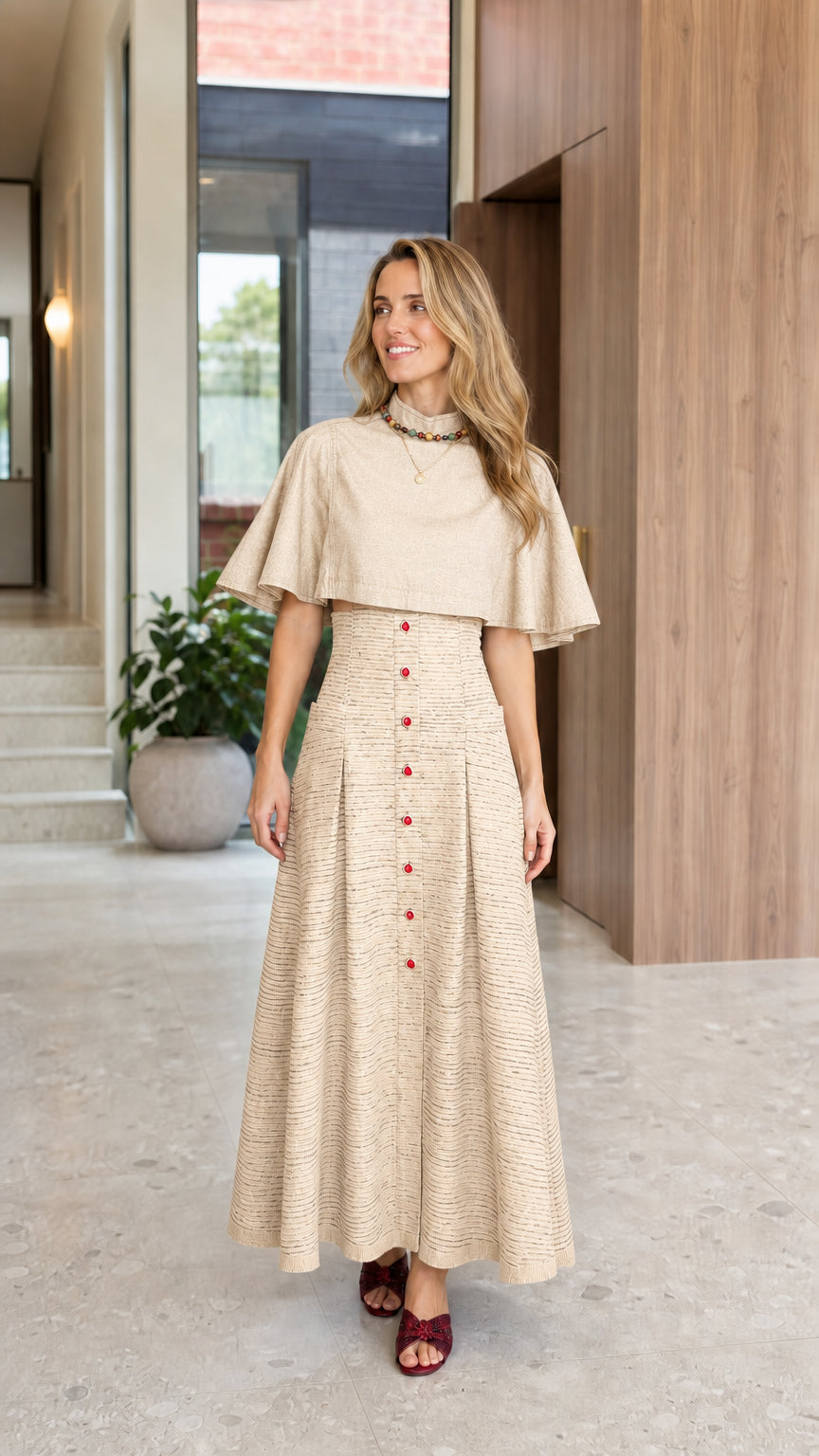 Full-length front view of woman wearing monochromatic Cream beige capelet mock neck pleated maxi dress