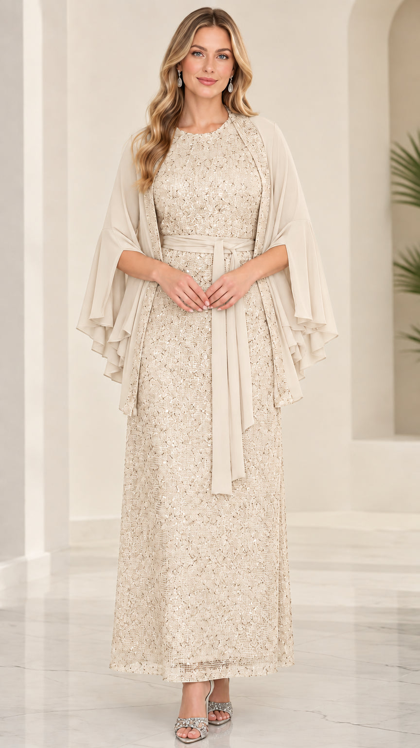 Champagne beige sequin lace mother of the bride maxi dress and jacket
