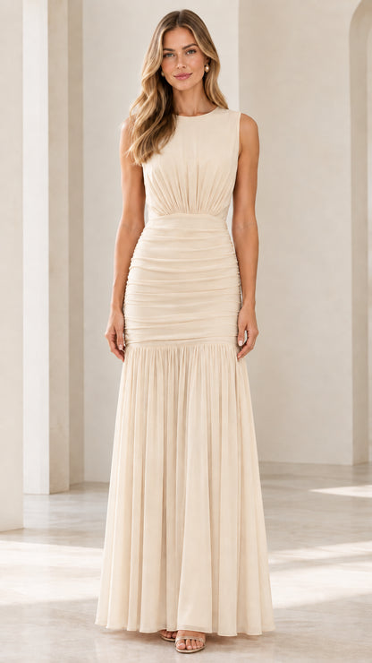 Champagne cream sleeveless cowl back ruched pleated floor-length dress