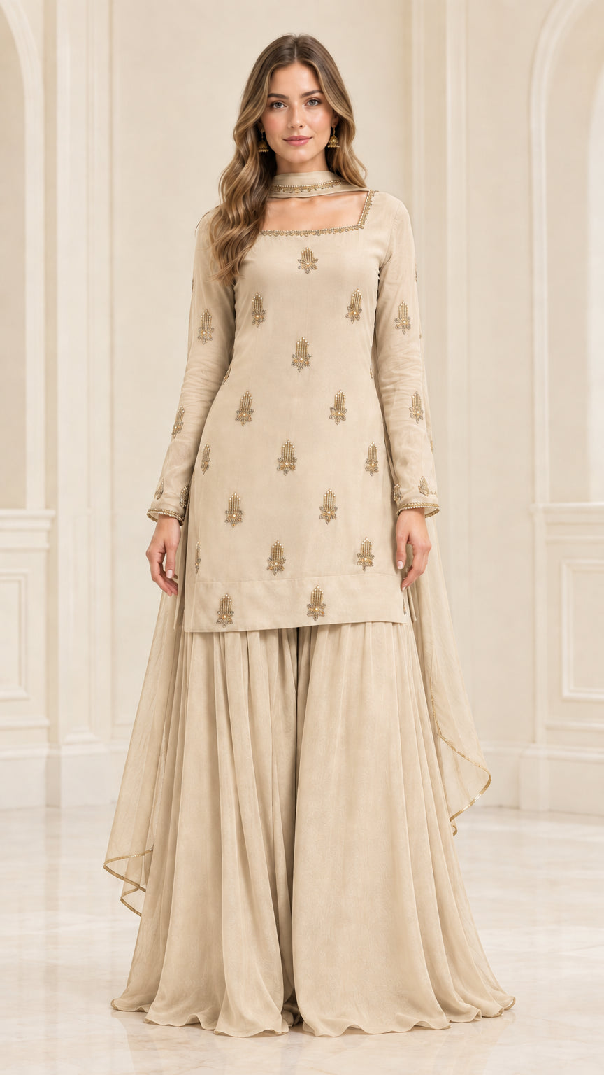Model wearing champagne beige embroidered kurta sharara suit set