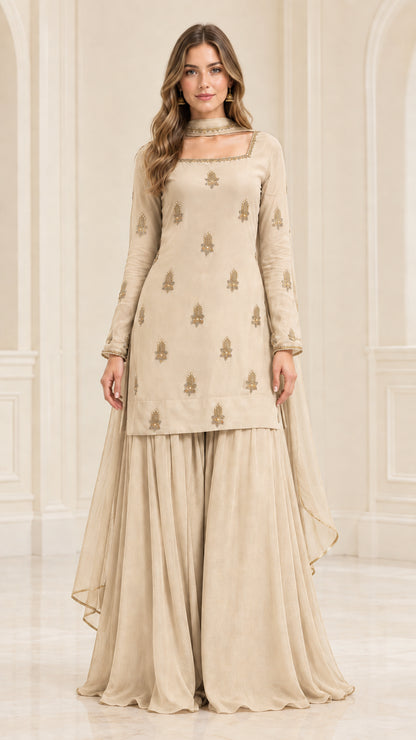 Model wearing champagne beige embroidered kurta sharara suit set