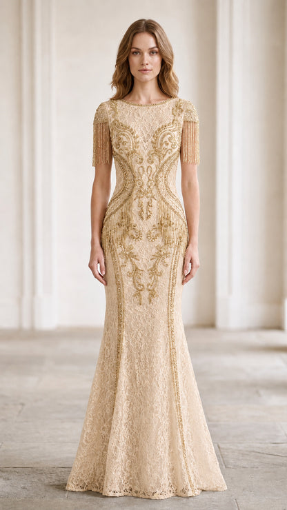 Front view of champagne lace evening dress highlighted with shimmering gold embroidery and tassel sleeves