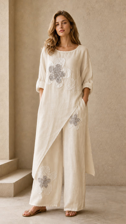 Beige cream relaxed fit two piece tunic and wide leg pants set