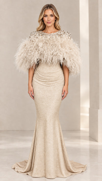 Champagne gold feather capelet sequin mermaid evening gown
