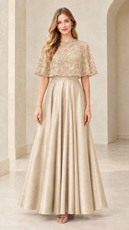 Champagne gold lace capelet formal evening dress with satin skirt