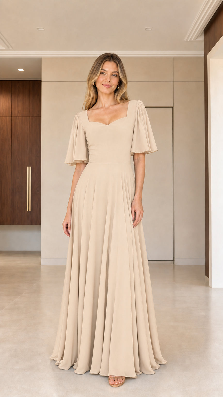 Woman wearing champagne beige sweetheart flutter sleeve maxi gown