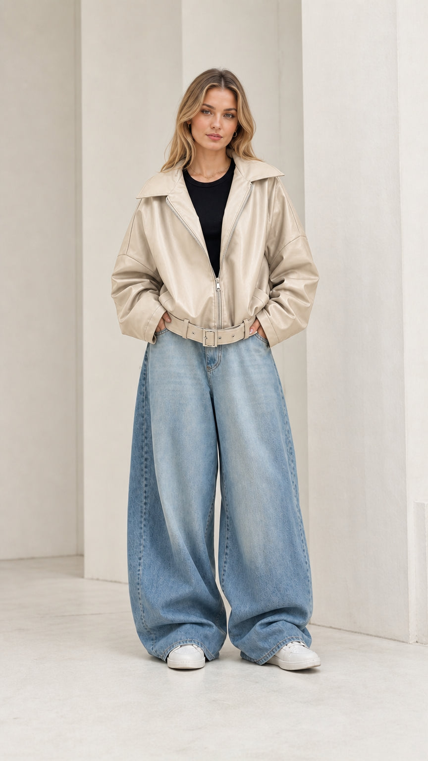 Full front view of model wearing cream beige oversized faux leather jacket
