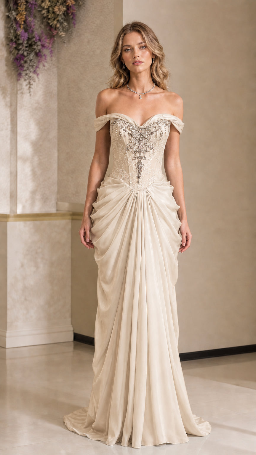Champagne ivory beaded corset bodice formal evening maxi dress