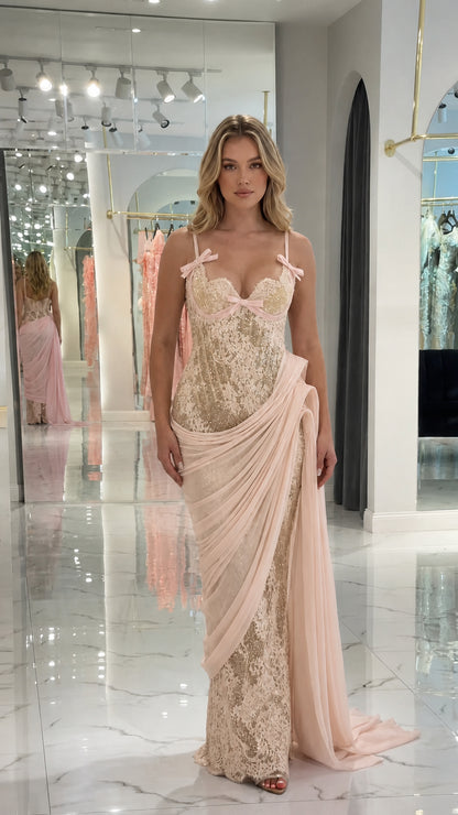 Front view of champagne blush sequin lace corset evening dress