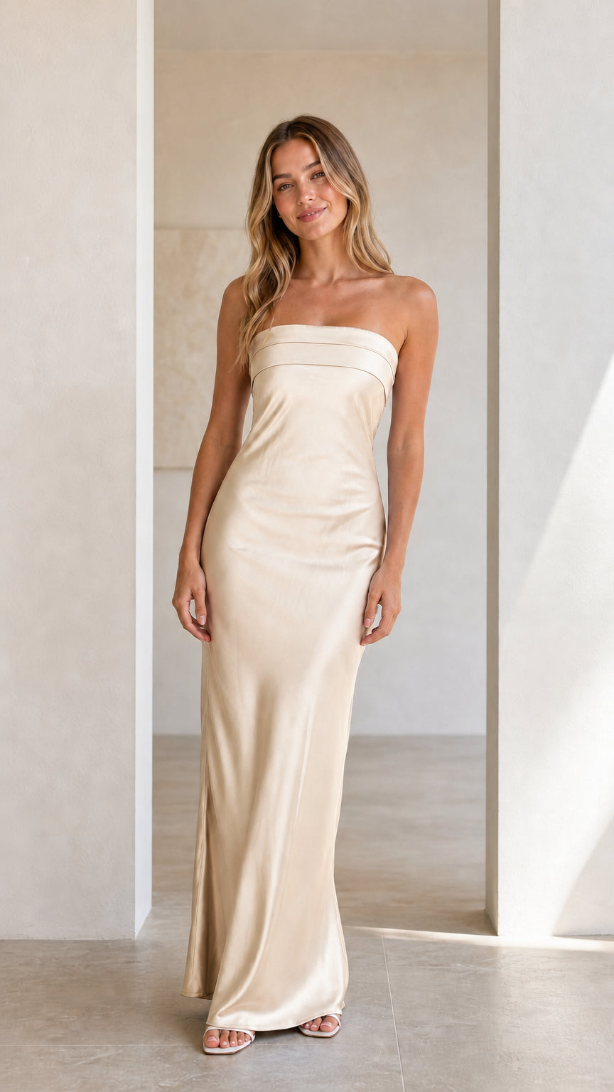 Front view of model wearing a champagne cream strapless satin maxi dress