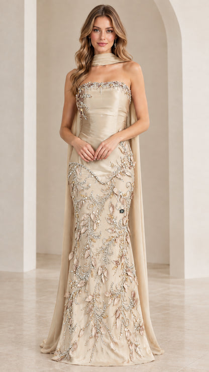 Full-length front view of strapless embellished mermaid evening gown in champagne
