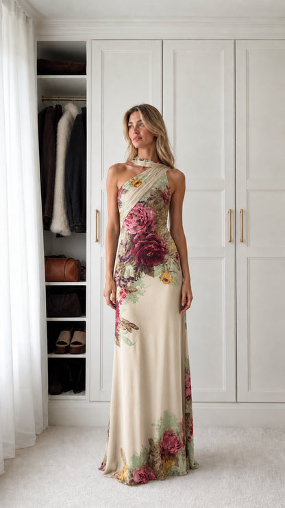 Cream floral halter maxi dress front view