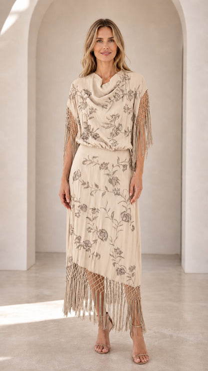 Cream beige floral embroidered maxi dress with macrame fringe