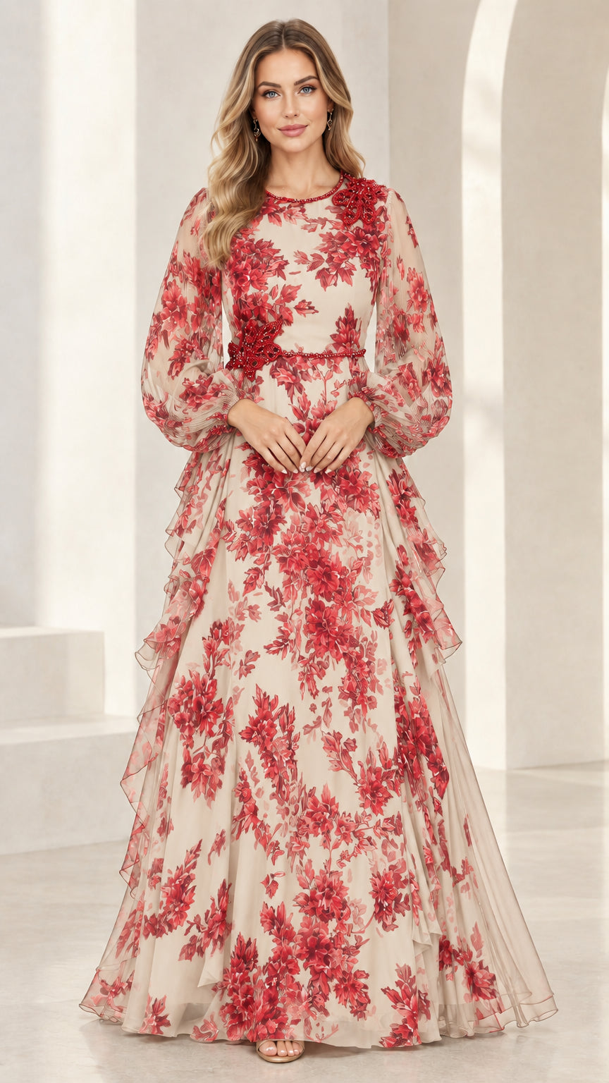 Champagne cream and red floral long sleeve evening gown