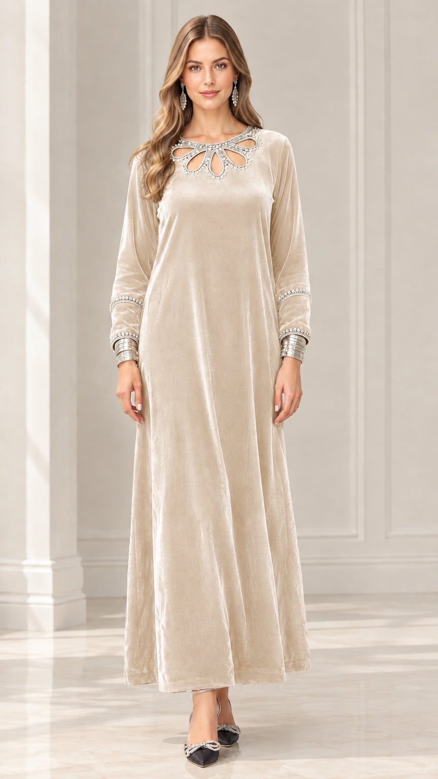 Champagne beige long sleeve velvet maxi gown with crystal cutout collar