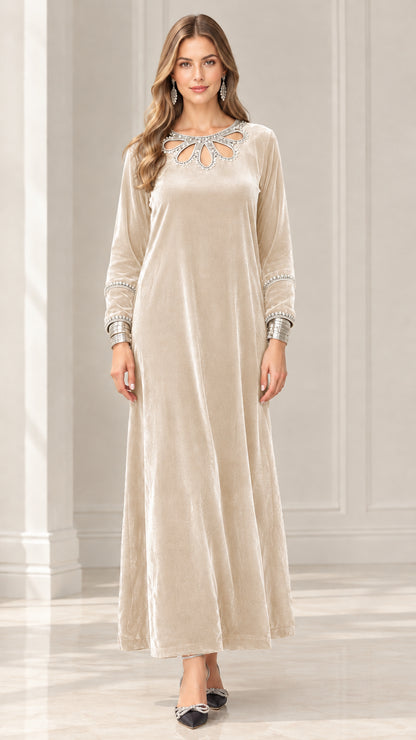 Champagne beige long sleeve velvet maxi gown with crystal cutout collar
