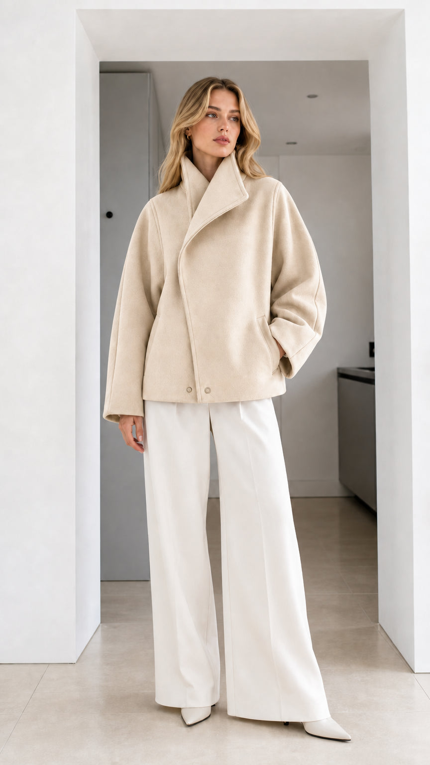 Full-length view of model wearing oatmeal cream wrap jacket