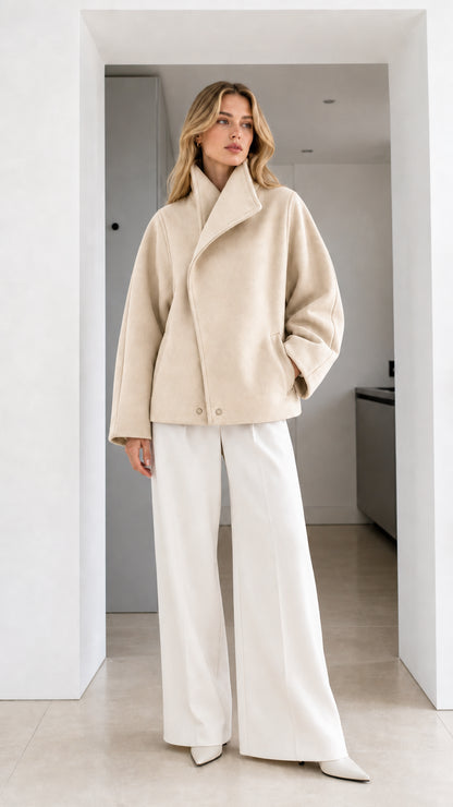 Full-length view of model wearing oatmeal cream wrap jacket
