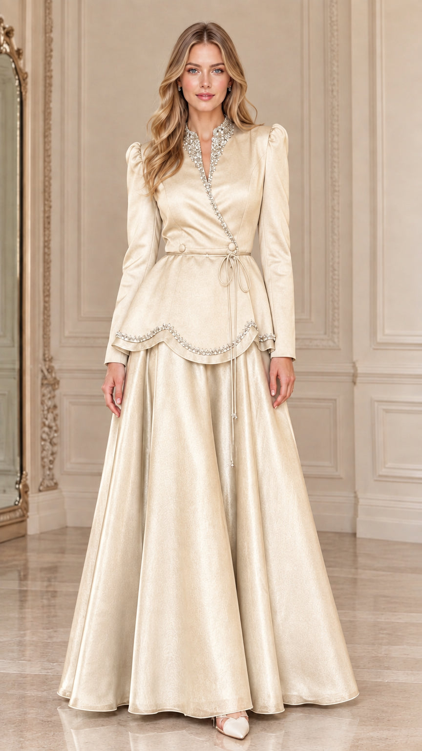 Full-length front view of Champagne gold crystal beaded maxi evening gown