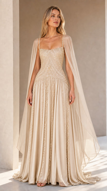 Front view of champagne gold beaded formal gown with sheer cape