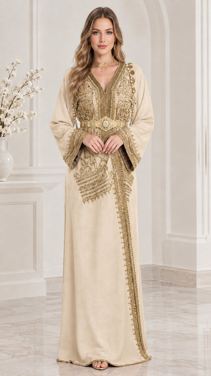 Cream embroidered Moroccan kaftan maxi dress with ornate gold belt