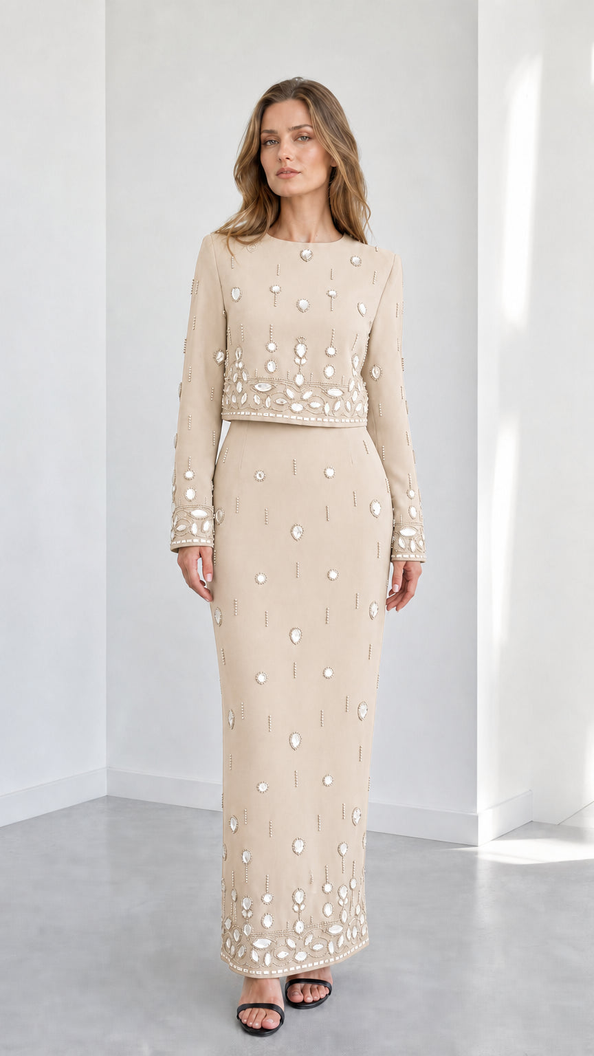 Champagne beige crystal embellished formal two-piece evening maxi set
