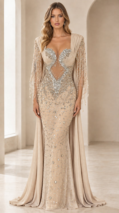Front view of champagne gold crystal embellished formal gown with beaded fringe sleeves