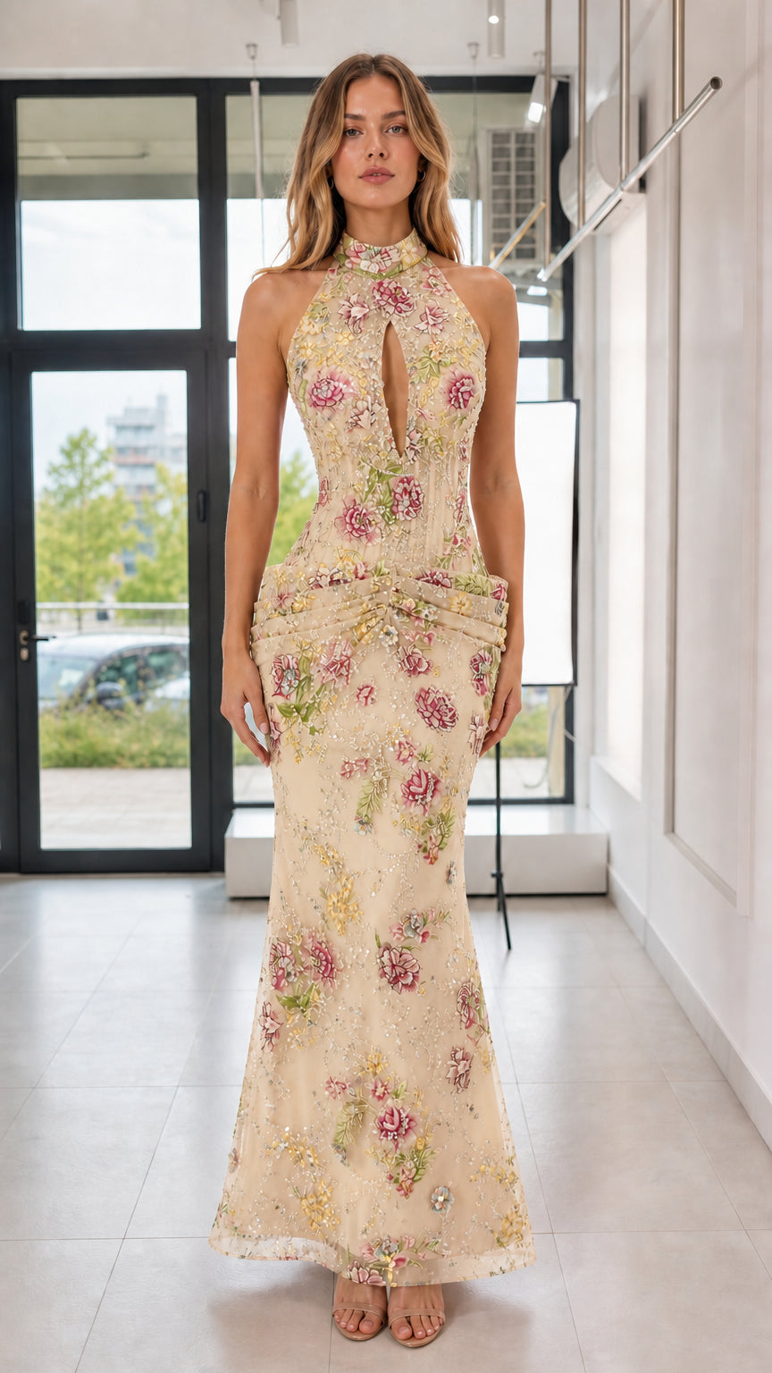 Model wearing champagne floral sequin evening gown