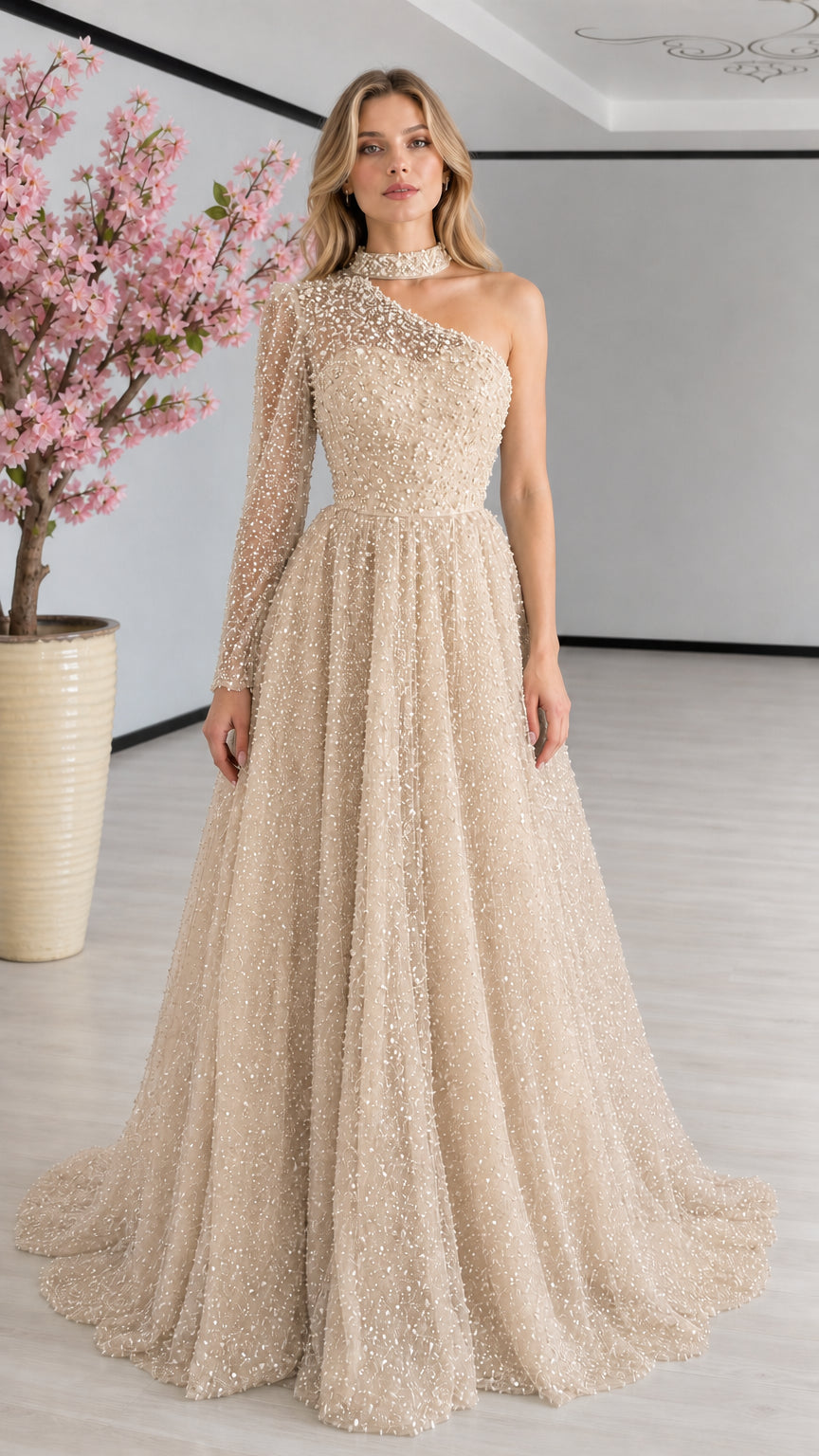 Champagne gold one-shoulder beaded A-line formal gown