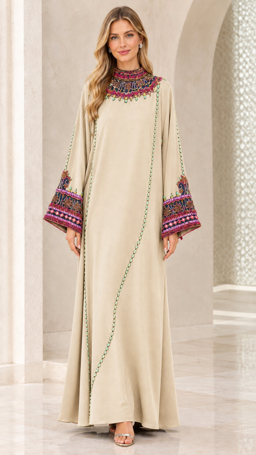 Beige cream beaded high neckline modest maxi gown